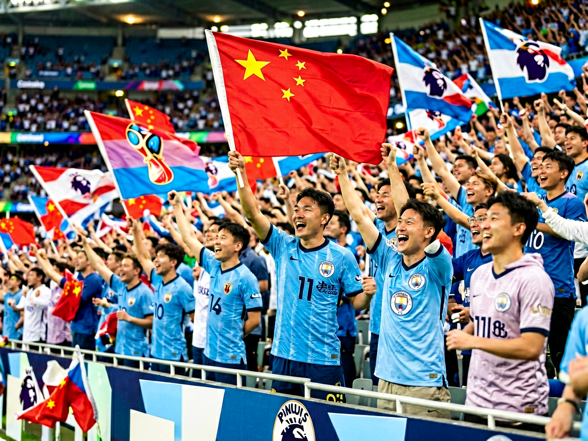 世界杯预选赛赛场,球迷在看台上挥舞国旗为国家队加油